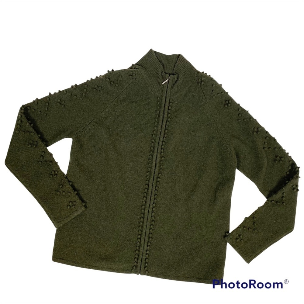 MERCER & MADDISON Lambswool Olive Green Zip-Up Cardigan Bobbles Small